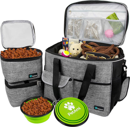 Dog Travel Bag Organizer, Pet Travel Kit with 2 Food Containers & 2 Collapsible Dog Bowls, Pet Supplies Tote with Luggage Sleeve, Weekend Road Trip Camping Essentials, Gray, Large